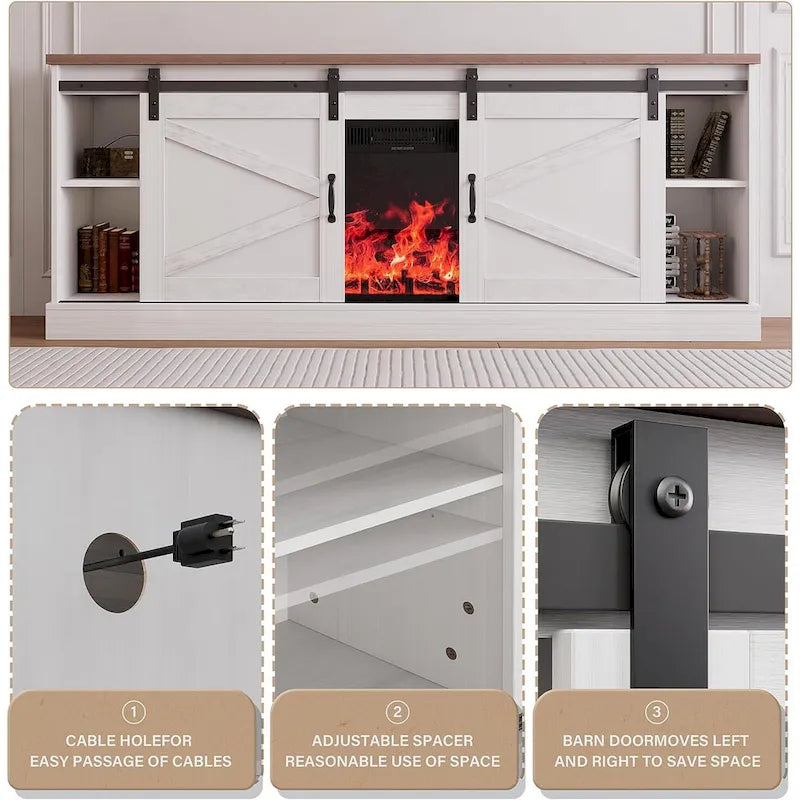 67  Farmhouse TV Stand with Large Cabinet with Sliding Barn Door & Fireplace