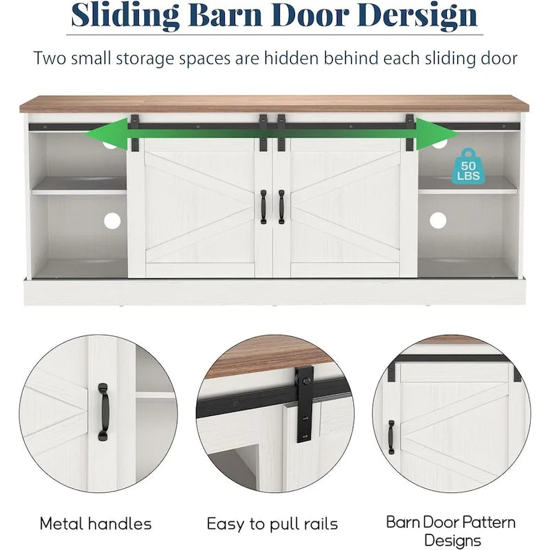67  Farmhouse TV Stand with Large Cabinet with Sliding Barn Door & Fireplace