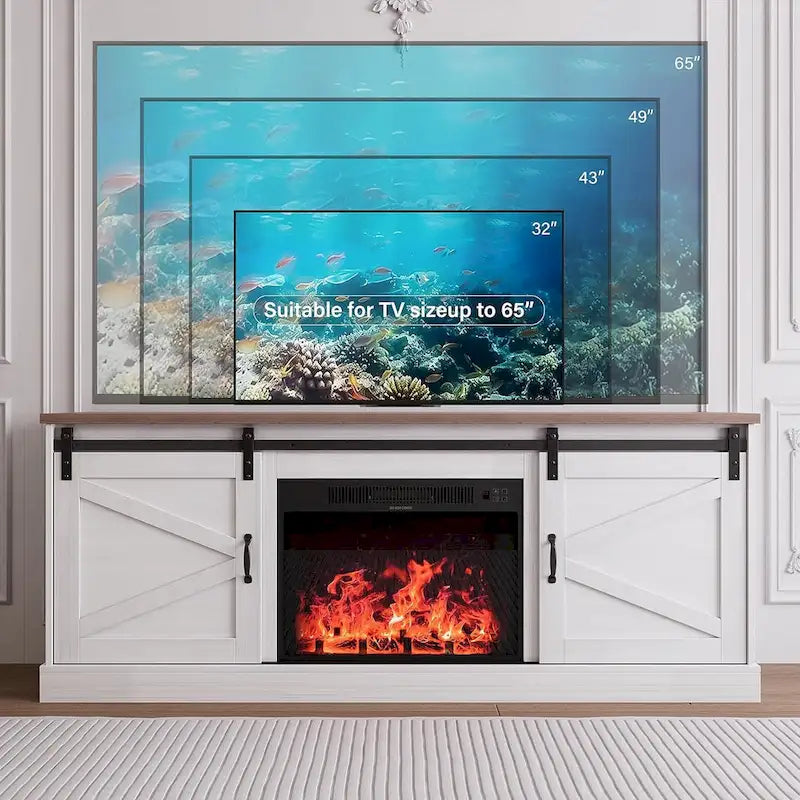 67  Farmhouse TV Stand with Large Cabinet with Sliding Barn Door & Fireplace