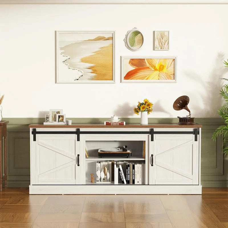 67  Farmhouse TV Stand with Large Cabinet with Sliding Barn Door & Fireplace