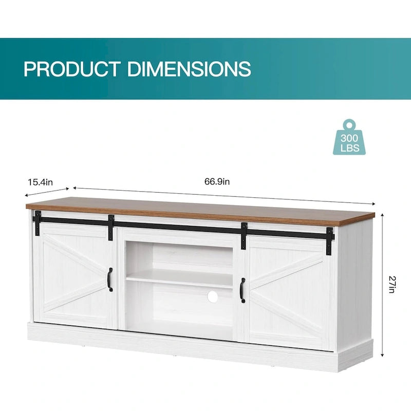 67  Farmhouse TV Stand with Large Cabinet with Sliding Barn Door & Fireplace