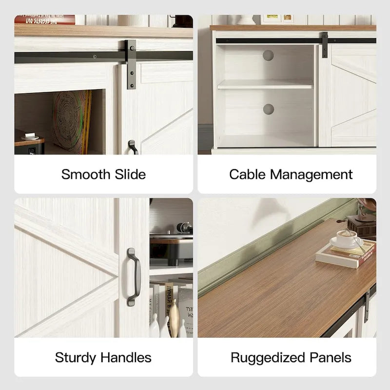 67  Farmhouse TV Stand with Large Cabinet with Sliding Barn Door & Fireplace