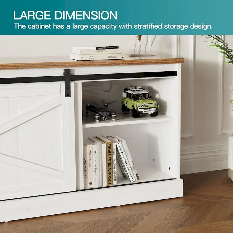 67  Farmhouse TV Stand with Large Cabinet with Sliding Barn Door & Fireplace