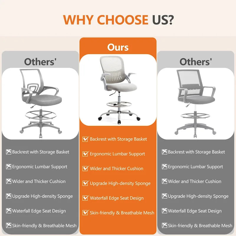 Drafting Tall Office Ergonomic High Desk Chair with Flip-up Armrests