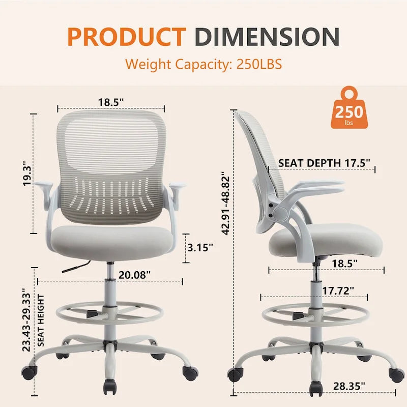 Drafting Tall Office Ergonomic High Desk Chair with Flip-up Armrests