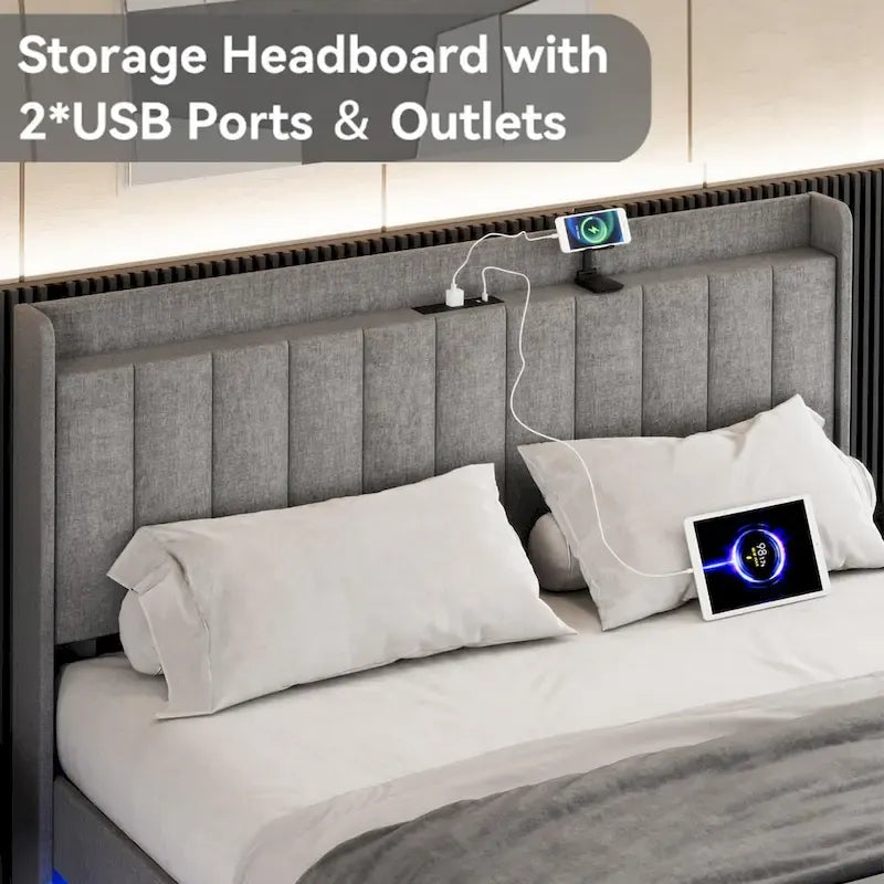 Modern Upholstered Floating Bed Frame with LED Lights