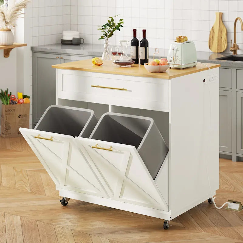 Moasis Rolling Kitchen Island Mobile Cart with Trash Can Storage Cabinet