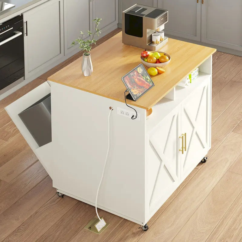 Moasis Rolling Kitchen Island Mobile Cart with Trash Can Storage Cabinet