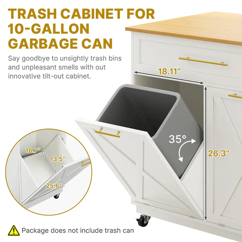 Moasis Rolling Kitchen Island Mobile Cart with Trash Can Storage Cabinet