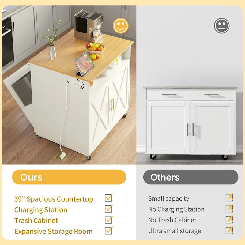 Moasis Rolling Kitchen Island Mobile Cart with Trash Can Storage Cabinet