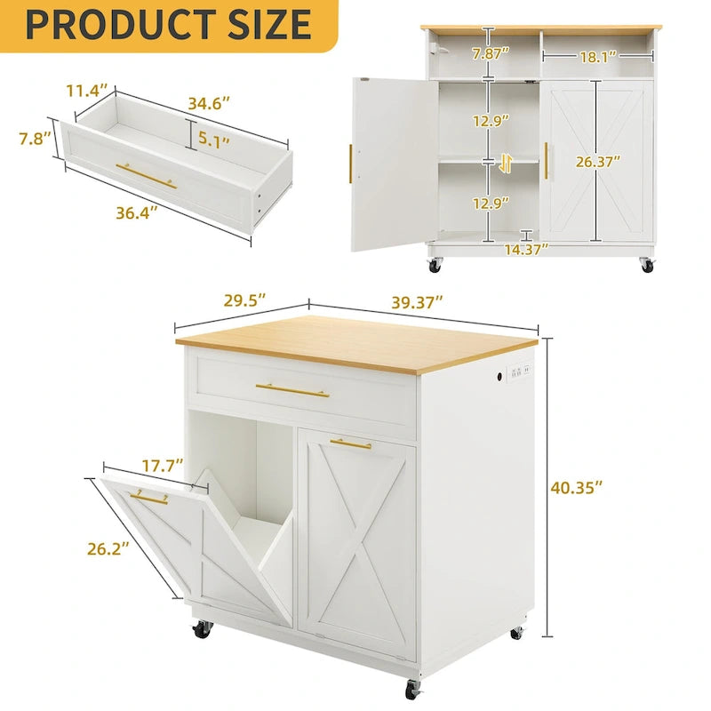 Moasis Rolling Kitchen Island Mobile Cart with Trash Can Storage Cabinet