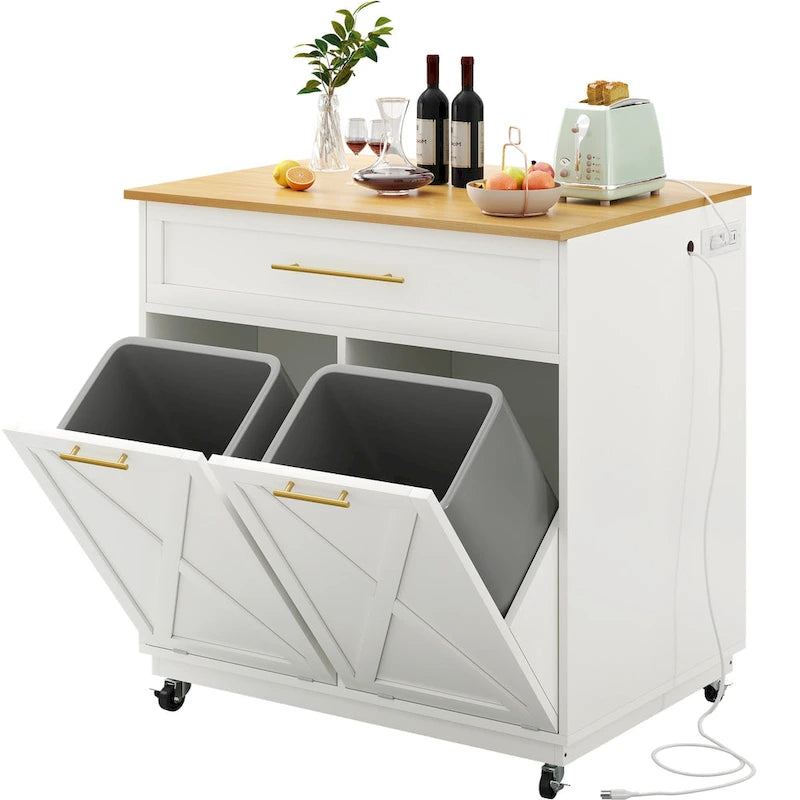 Moasis Rolling Kitchen Island Mobile Cart with Trash Can Storage Cabinet