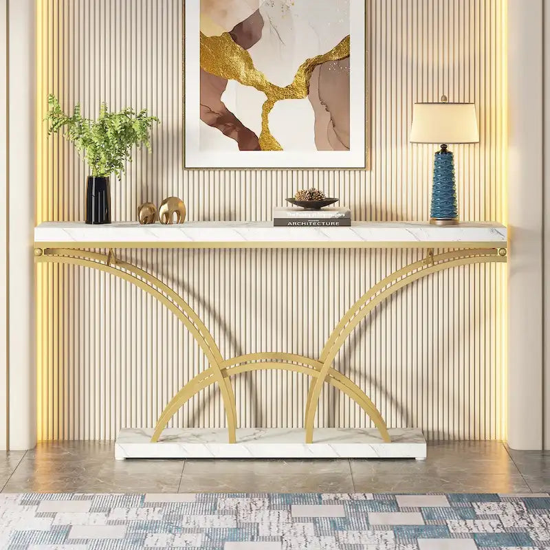 70.9 Inch Long Console Table Gold Sofa Table with White Faux Marble Tabletop for Entryway Living Room