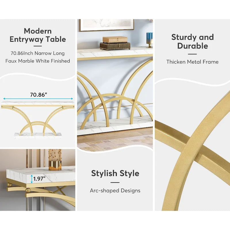 70.9 Inch Long Console Table Gold Sofa Table with White Faux Marble Tabletop for Entryway Living Room