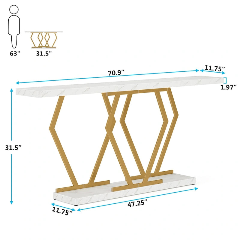 70.9 Inch Extra Long Modern Sofa Console Table with Faux Marble Tabletop Base Gold Frame for Living Room Entryway Hallway