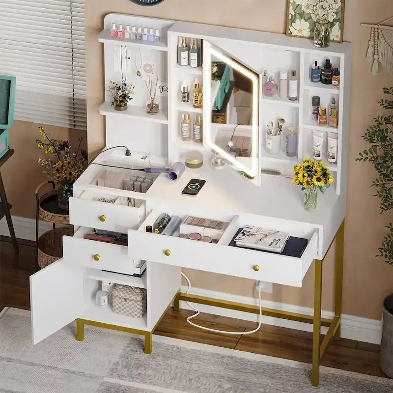 Vanity Desk with Unique Jewelry Hooks and Hidden Storage Space