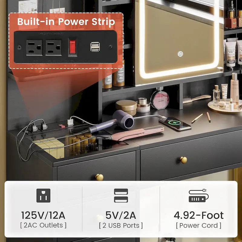 Vanity Desk with Unique Jewelry Hooks and Hidden Storage Space