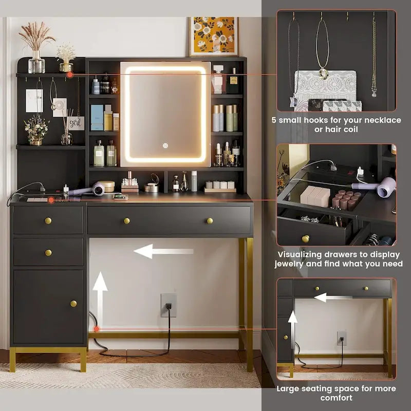 Vanity Desk with Unique Jewelry Hooks and Hidden Storage Space