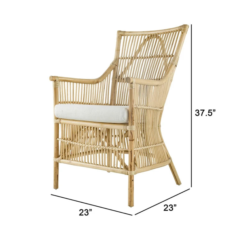 23 Inch Rattan Dining Armchair, White Fabric Padded Seat, Natural Brown