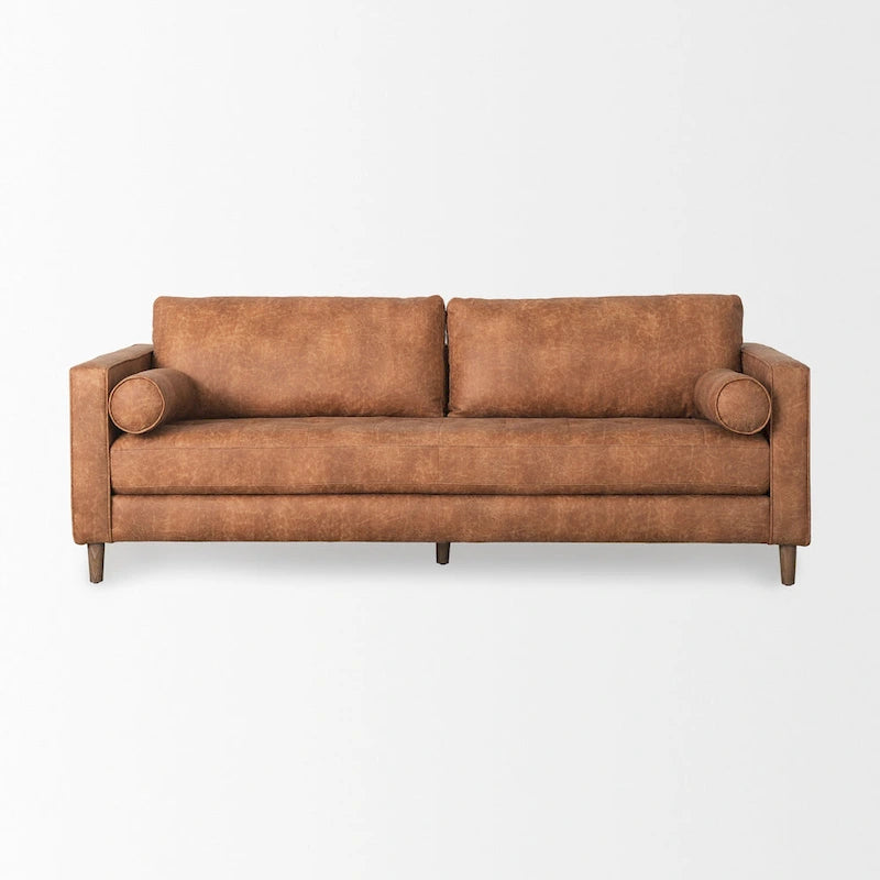 Loretta Cognac Brown Faux Leather Three Seater Sofa w/ Bolster Cushions - 87.9W x 36.2D x 33.8H