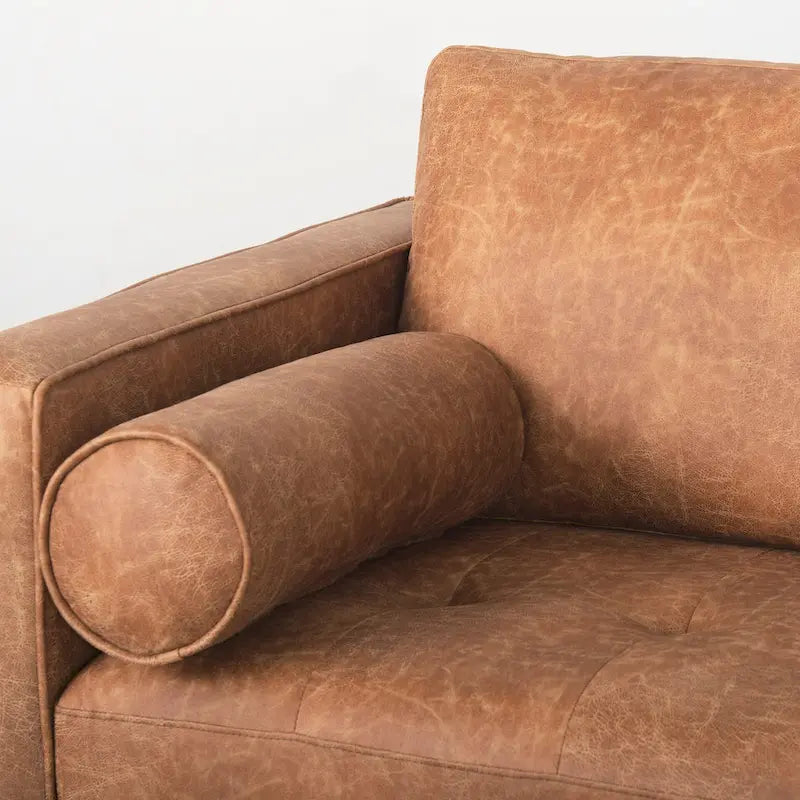 Loretta Cognac Brown Faux Leather Three Seater Sofa w/ Bolster Cushions - 87.9W x 36.2D x 33.8H