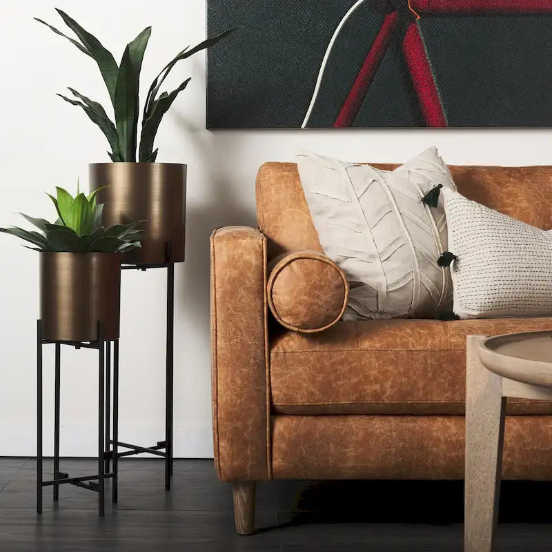 Loretta Cognac Brown Faux Leather Three Seater Sofa w/ Bolster Cushions - 87.9W x 36.2D x 33.8H