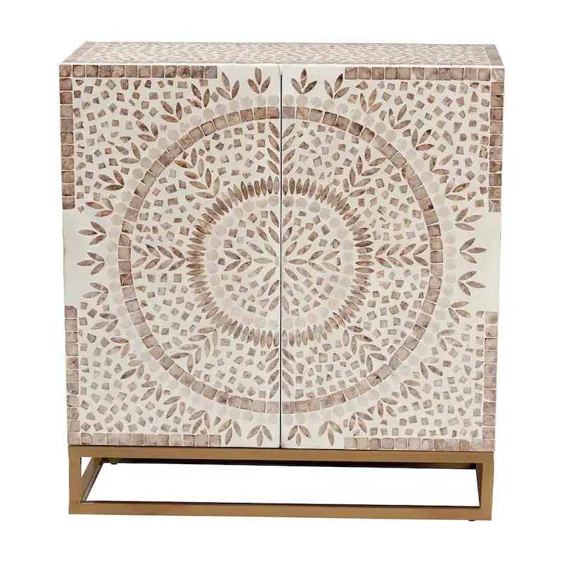 Ercilia Modern Bohemian White and Rustic Brown Mother of Pearl Storage Cabinet