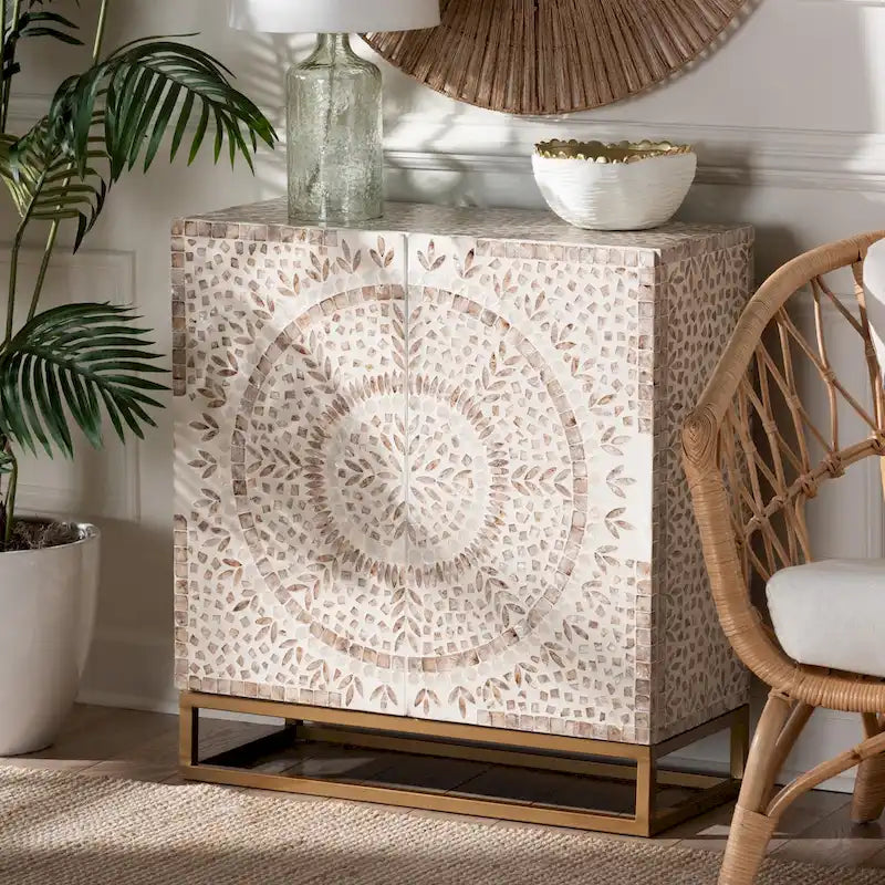 Ercilia Modern Bohemian White and Rustic Brown Mother of Pearl Storage Cabinet