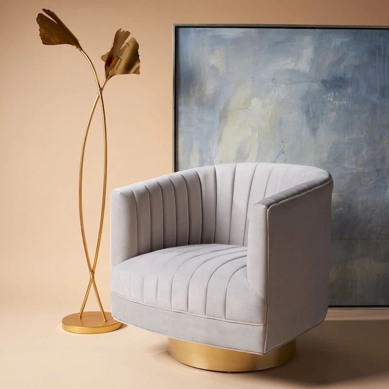 SAFAVIEH Couture Matejka Swivel Channel Tufted Barrel Chair - 28  W x 31  L x 30  H - 28Wx31Dx30H