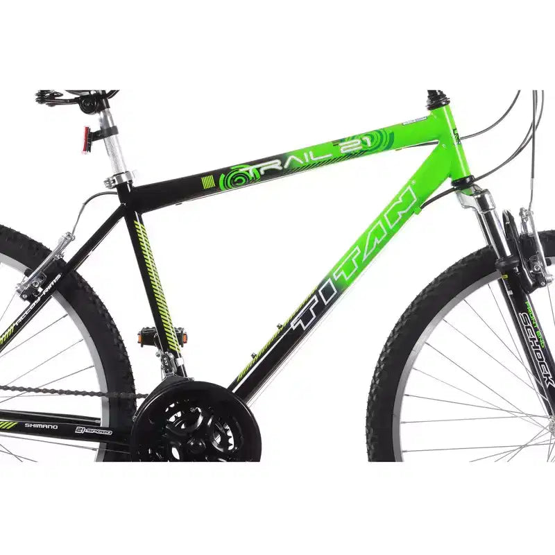 Vélo de montagne Titan Trail pour hommes, 21 vitesses, avec suspension, cadre 18 pouces, vert et noir