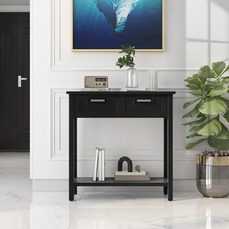 Narrow Console Table with Drawers and Open Storage Shelf - 31.5 L x 14 W x 32 H