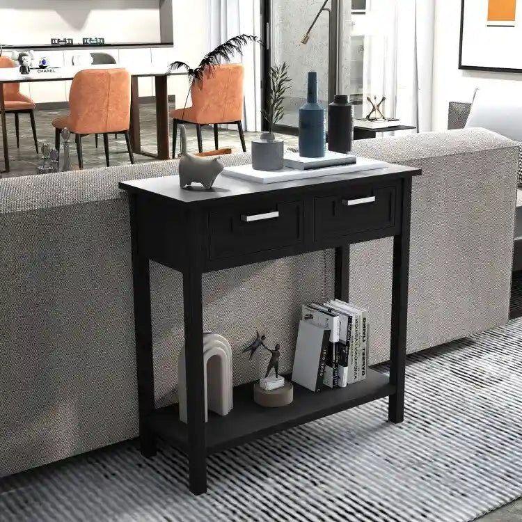 Narrow Console Table with Drawers and Open Storage Shelf - 31.5 L x 14 W x 32 H