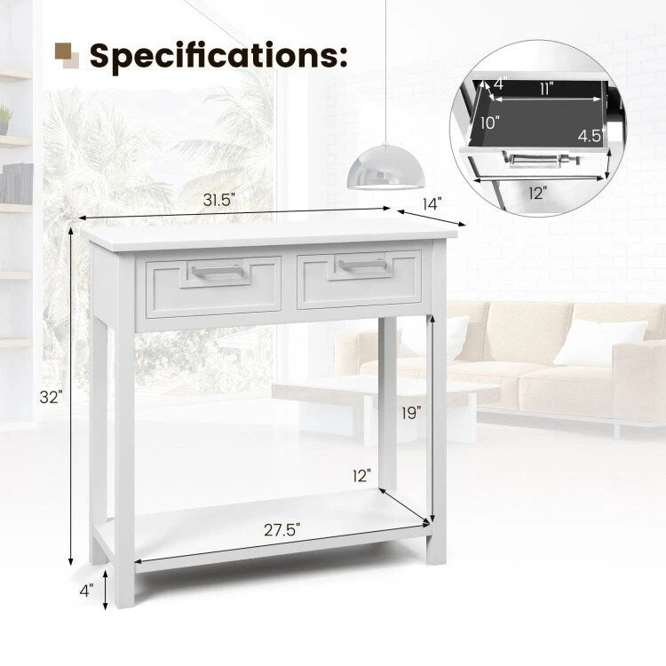 Narrow Console Table with Drawers and Open Storage Shelf - 31.5 L x 14 W x 32 H