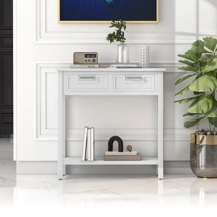 Narrow Console Table with Drawers and Open Storage Shelf - 31.5 L x 14 W x 32 H
