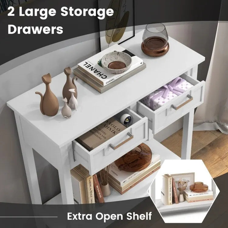 Narrow Console Table with Drawers and Open Storage Shelf - 31.5 L x 14 W x 32 H