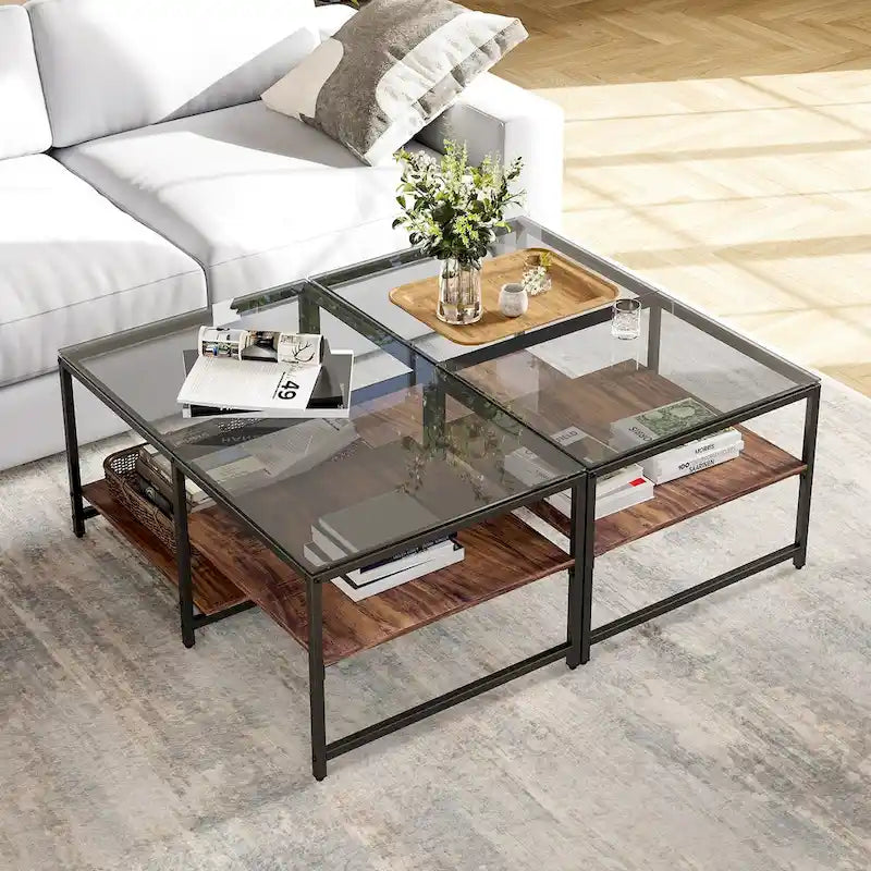 Farmhouse Glass Coffee Table with Storage, Metal Wood