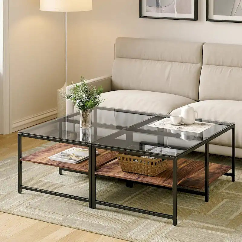 Farmhouse Glass Coffee Table with Storage, Metal Wood
