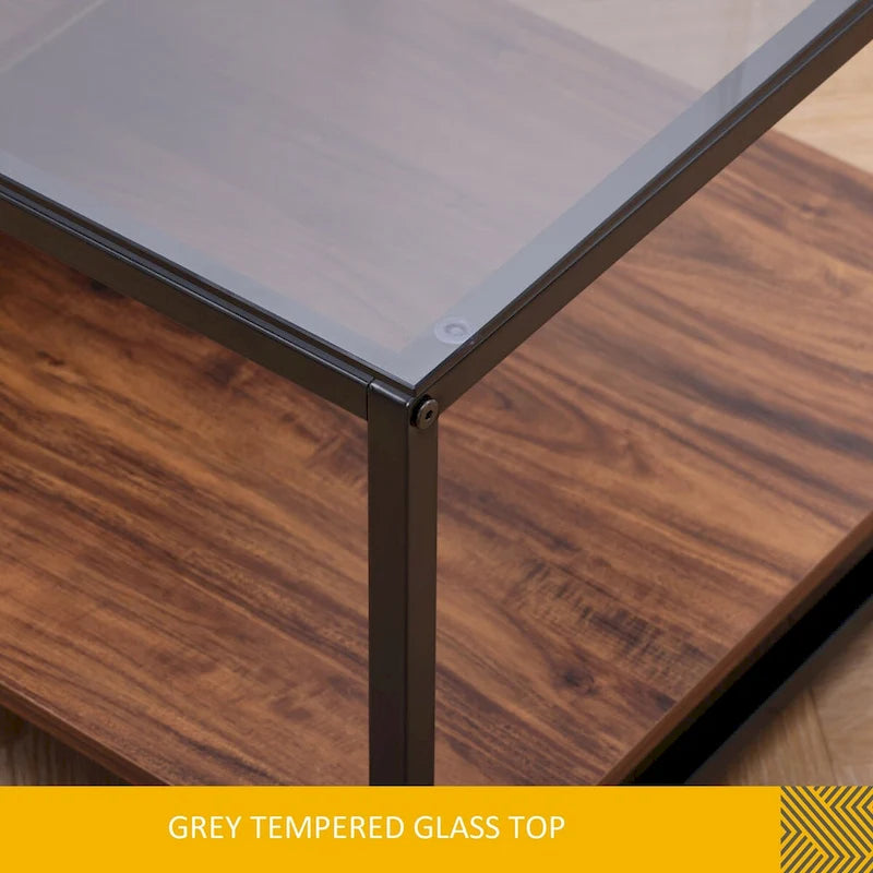 Farmhouse Glass Coffee Table with Storage, Metal Wood