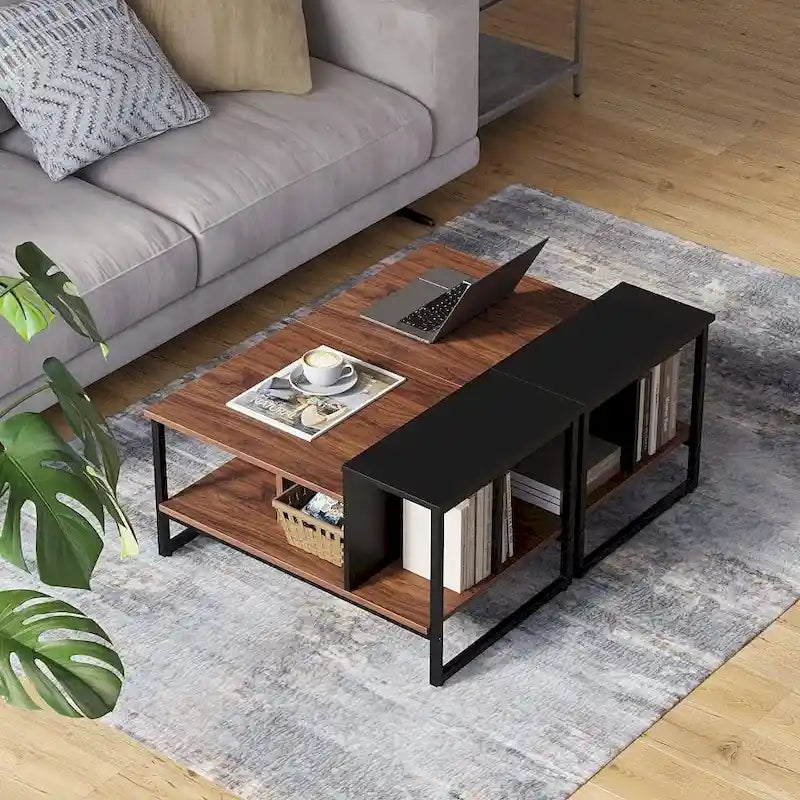 Farmhouse Glass Coffee Table with Storage, Metal Wood
