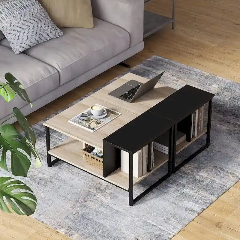 Farmhouse Glass Coffee Table with Storage, Metal Wood