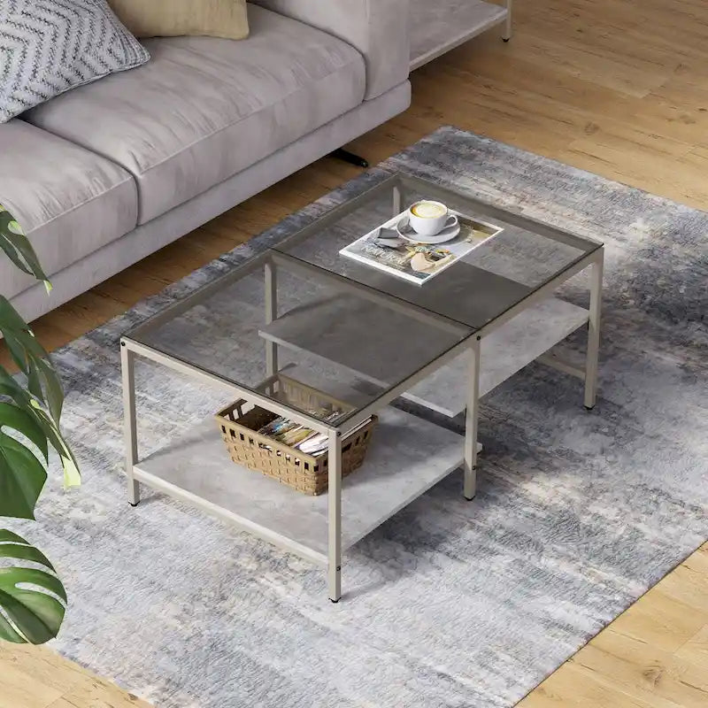 Farmhouse Glass Coffee Table with Storage, Metal Wood