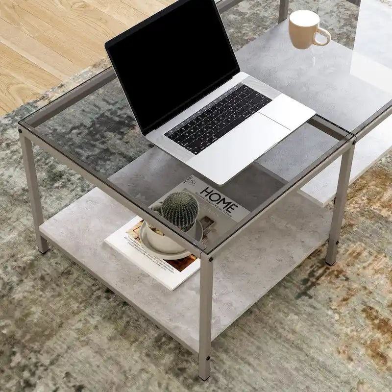 Farmhouse Glass Coffee Table with Storage, Metal Wood