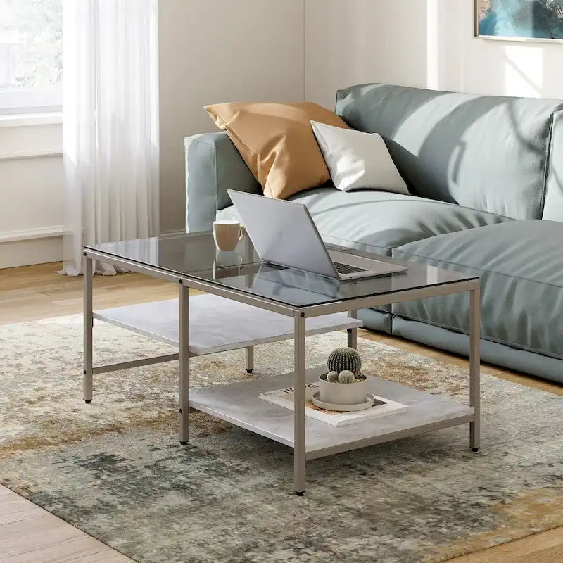 Farmhouse Glass Coffee Table with Storage, Metal Wood