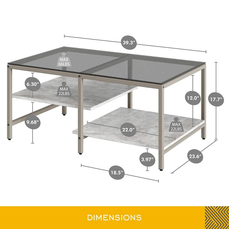 Farmhouse Glass Coffee Table with Storage, Metal Wood