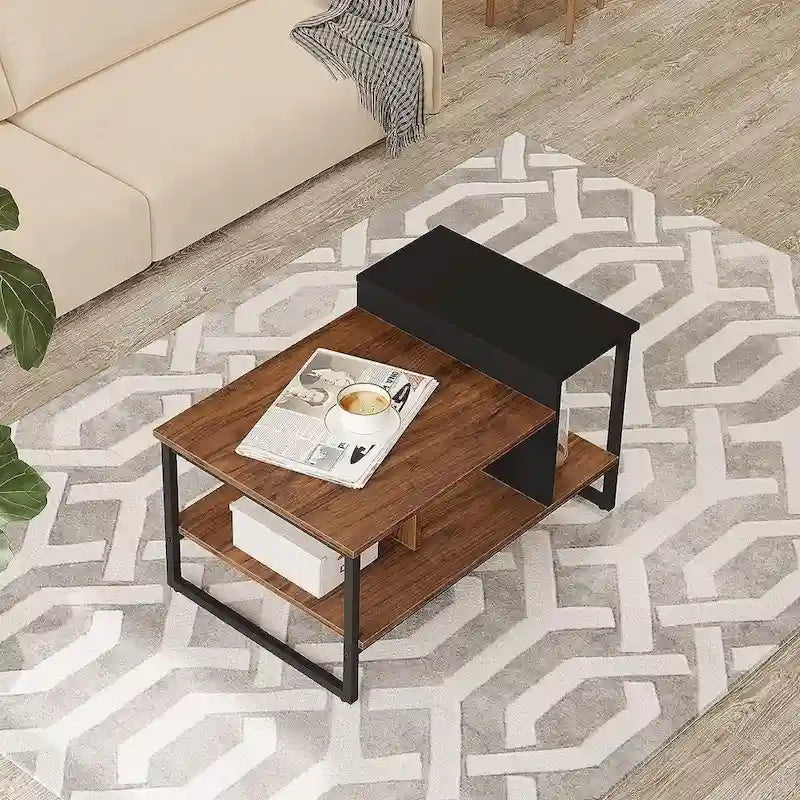 Farmhouse Glass Coffee Table with Storage, Metal Wood