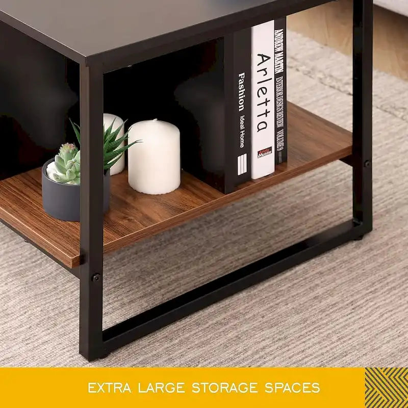 Farmhouse Glass Coffee Table with Storage, Metal Wood