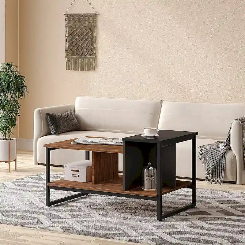 Farmhouse Glass Coffee Table with Storage, Metal Wood