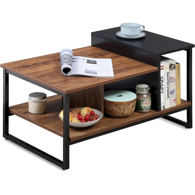 Farmhouse Glass Coffee Table with Storage, Metal Wood