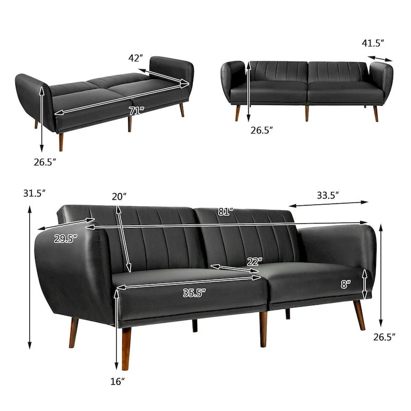 Convertible Futon Sofa Bed PU Leather Adjustable Couch Sleeper with Wood Legs - 81 x 33.5 x 31.5 (L x W x H)