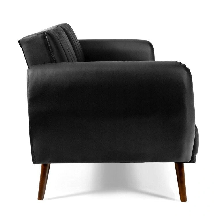 Convertible Futon Sofa Bed PU Leather Adjustable Couch Sleeper with Wood Legs - 81 x 33.5 x 31.5 (L x W x H)